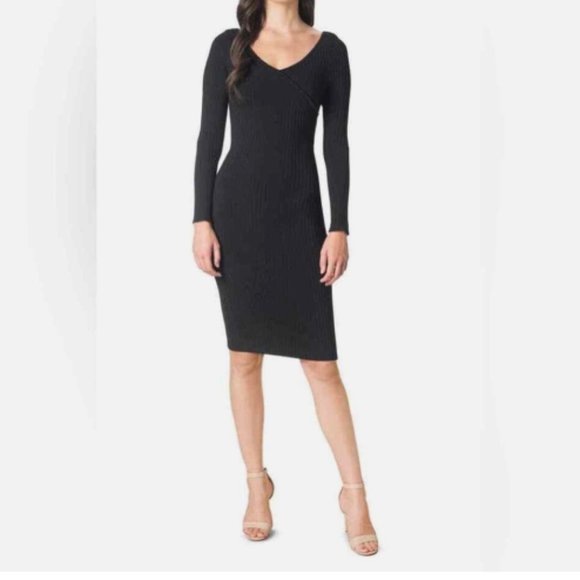 DRESS THE POPULATION ZARIA RIBBED SURPLICE BLACK SWEATER MIDI DRESS sz M - Picture 4 of 4